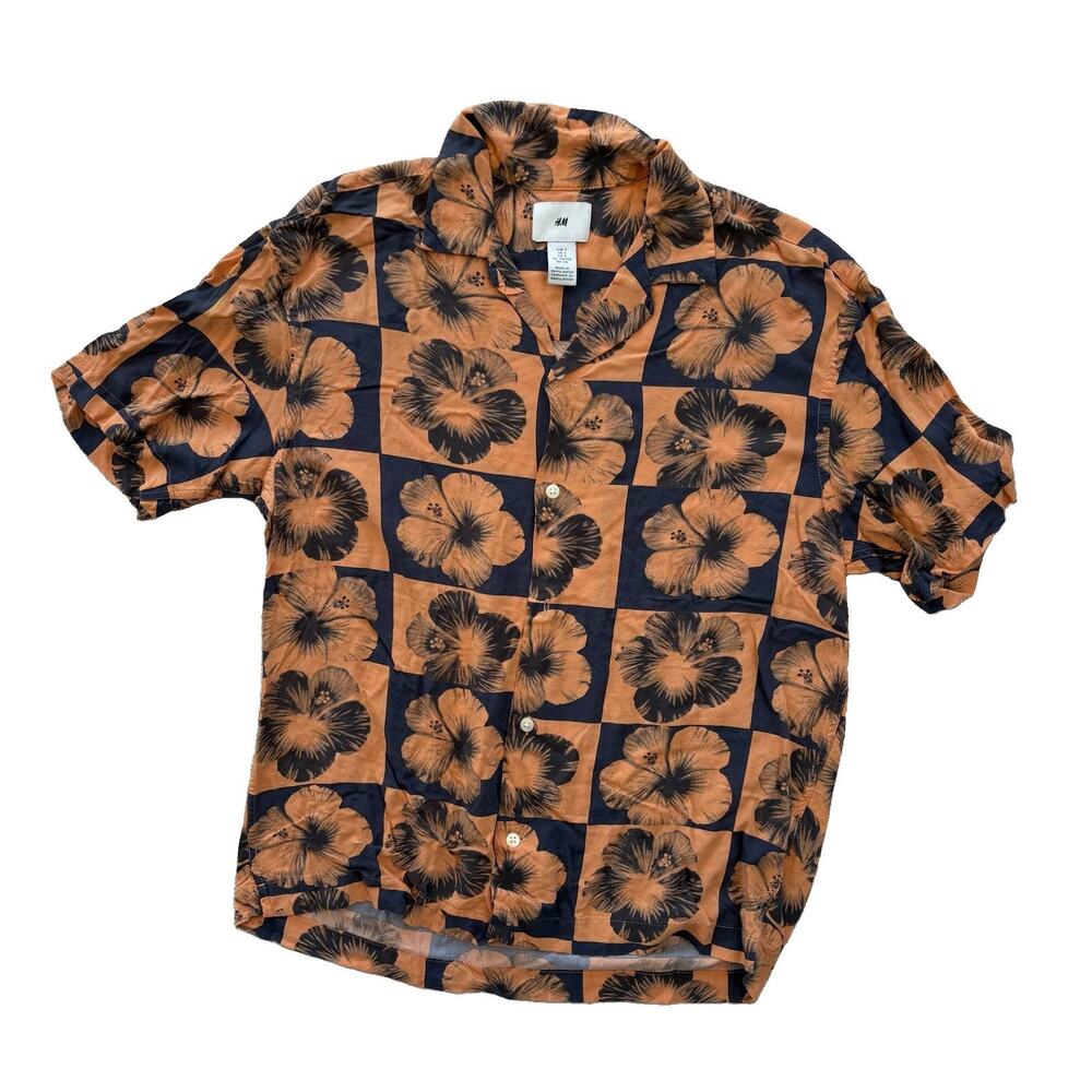 H&M Men’s Size Small Orange Checkered Funky Hibiscus Button Down Shirt